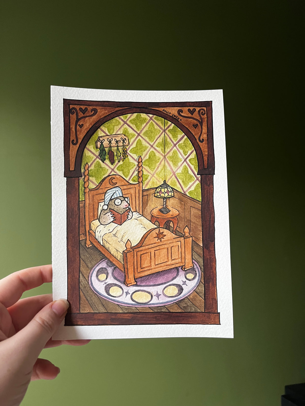 Mole reading in bed original watercolour painting