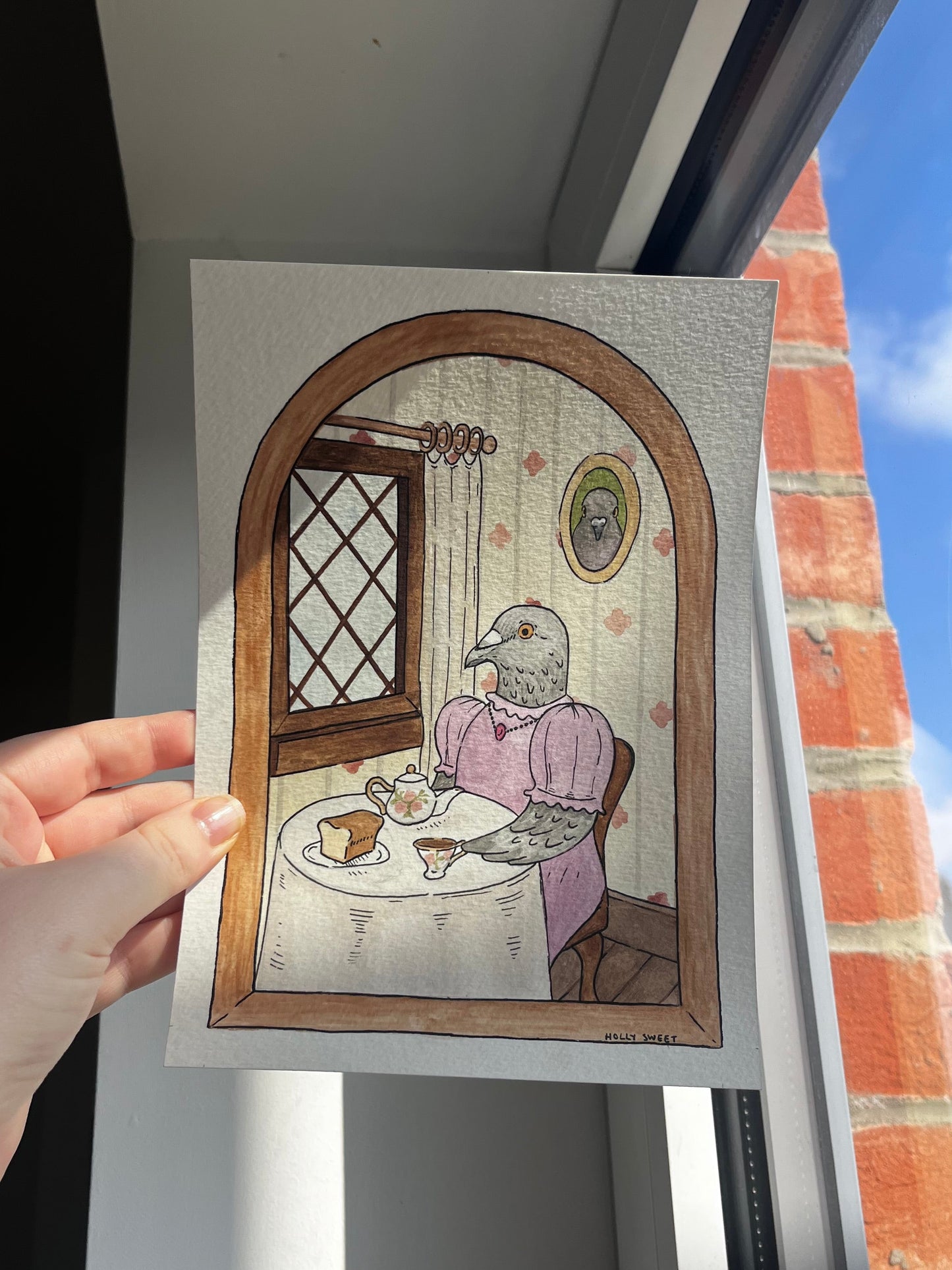 Pigeon tea party original watercolour painting