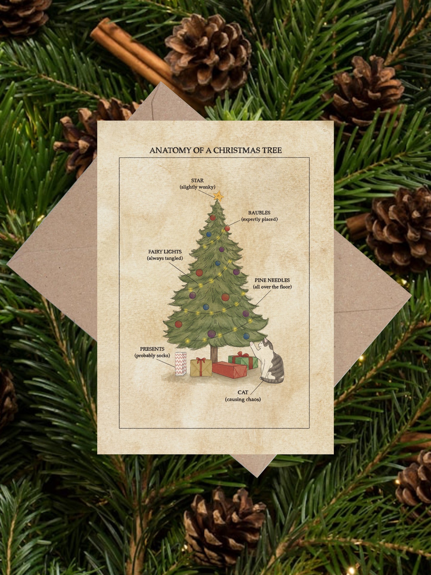 Anatomy of a Christmas tree holiday greetings card
