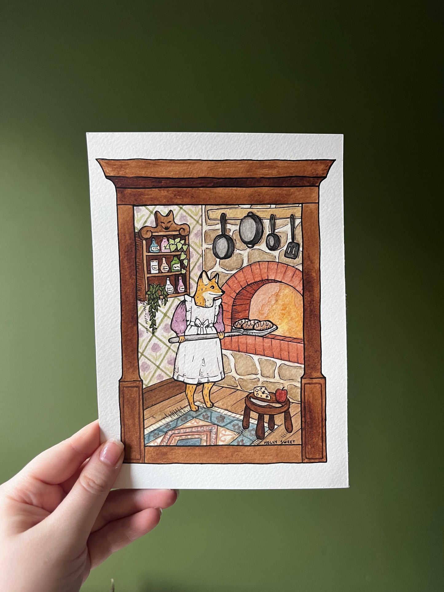 Fox baking bread original watercolour painting