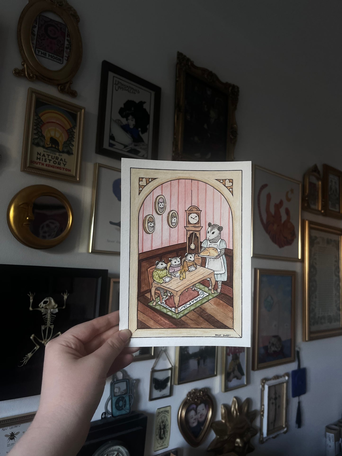 Opossum family dinner original watercolour painting