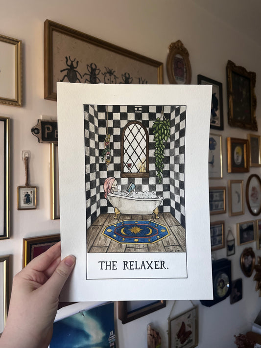 Original The Relaxer skeleton in bath tarot painting