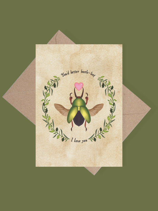 Beetle botanical pun greetings card