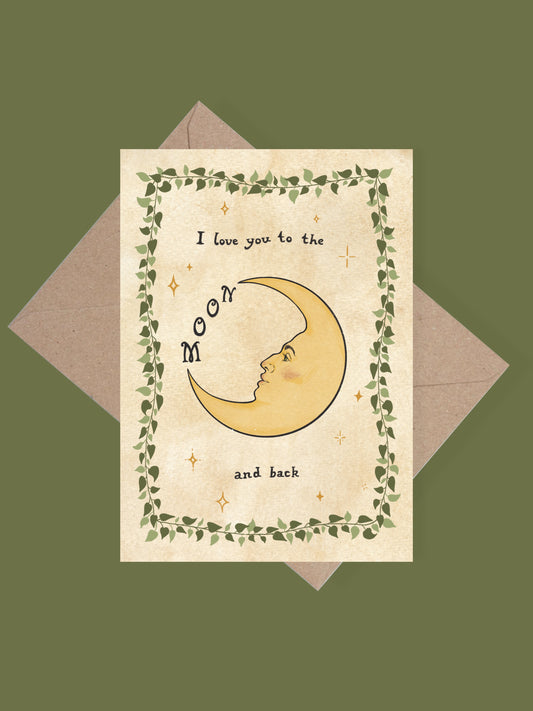 I love you to the moon and back vintage celestial greetings card