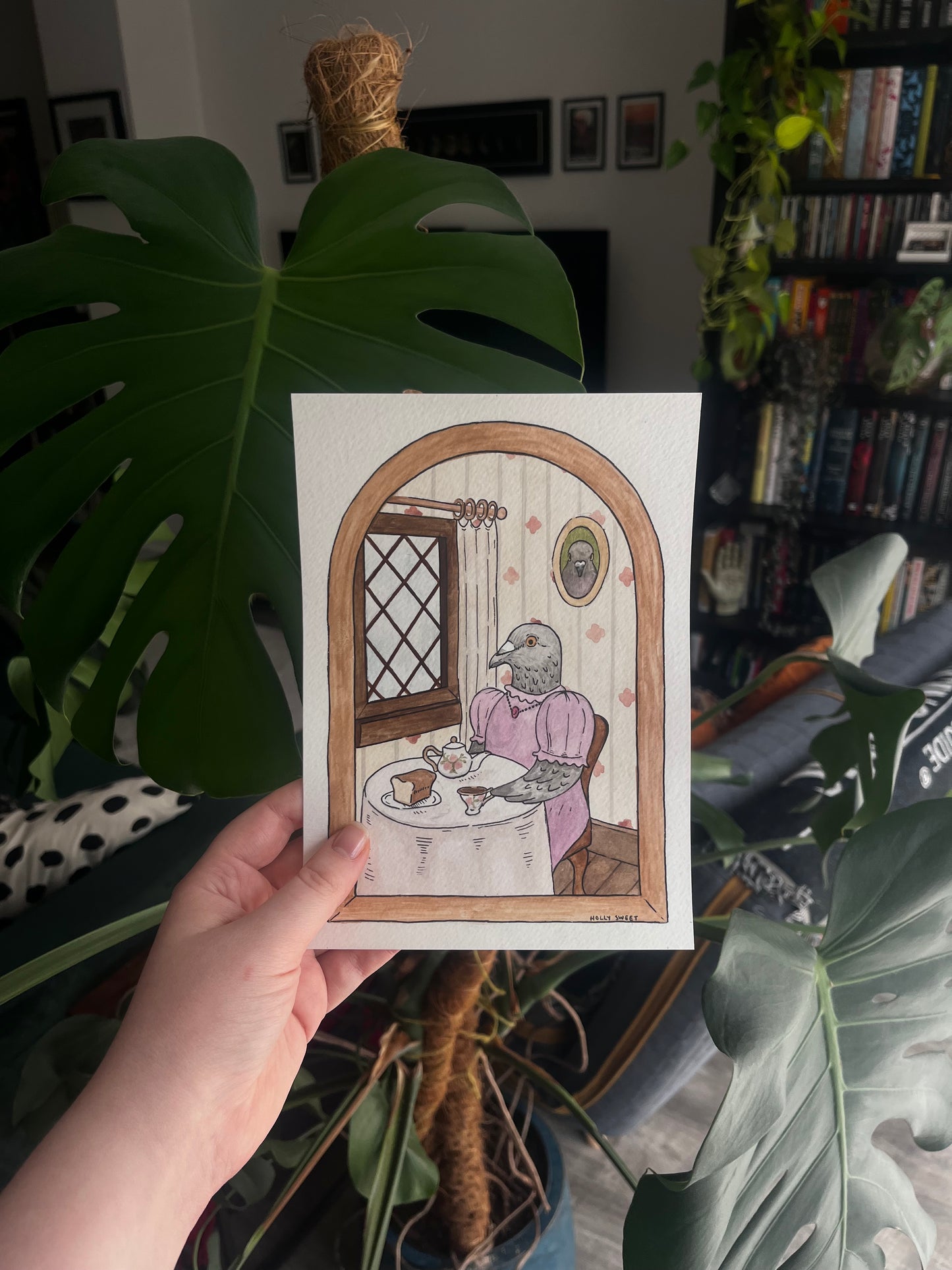 Pigeon tea party original watercolour painting