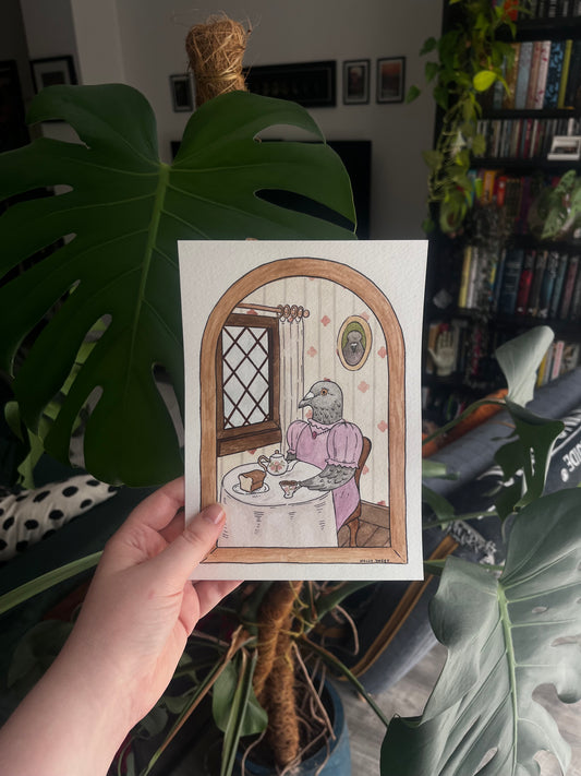 Pigeon tea party original watercolour painting
