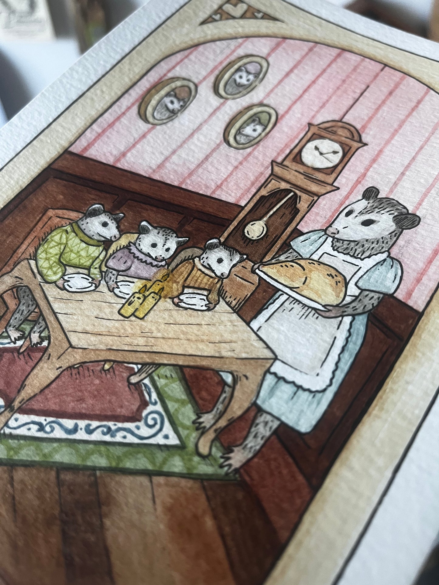 Opossum family dinner original watercolour painting