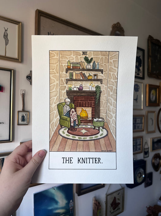 Original The Knitter cosy knitting skeleton painting