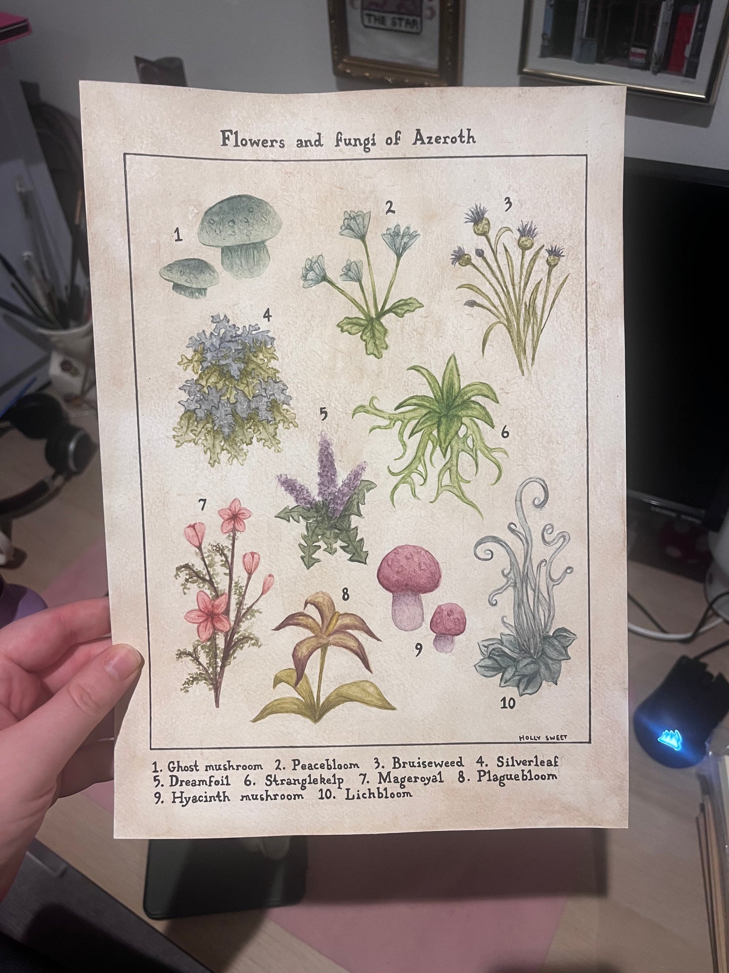 Original Flowers and fungi of Azeroth watercolour painting