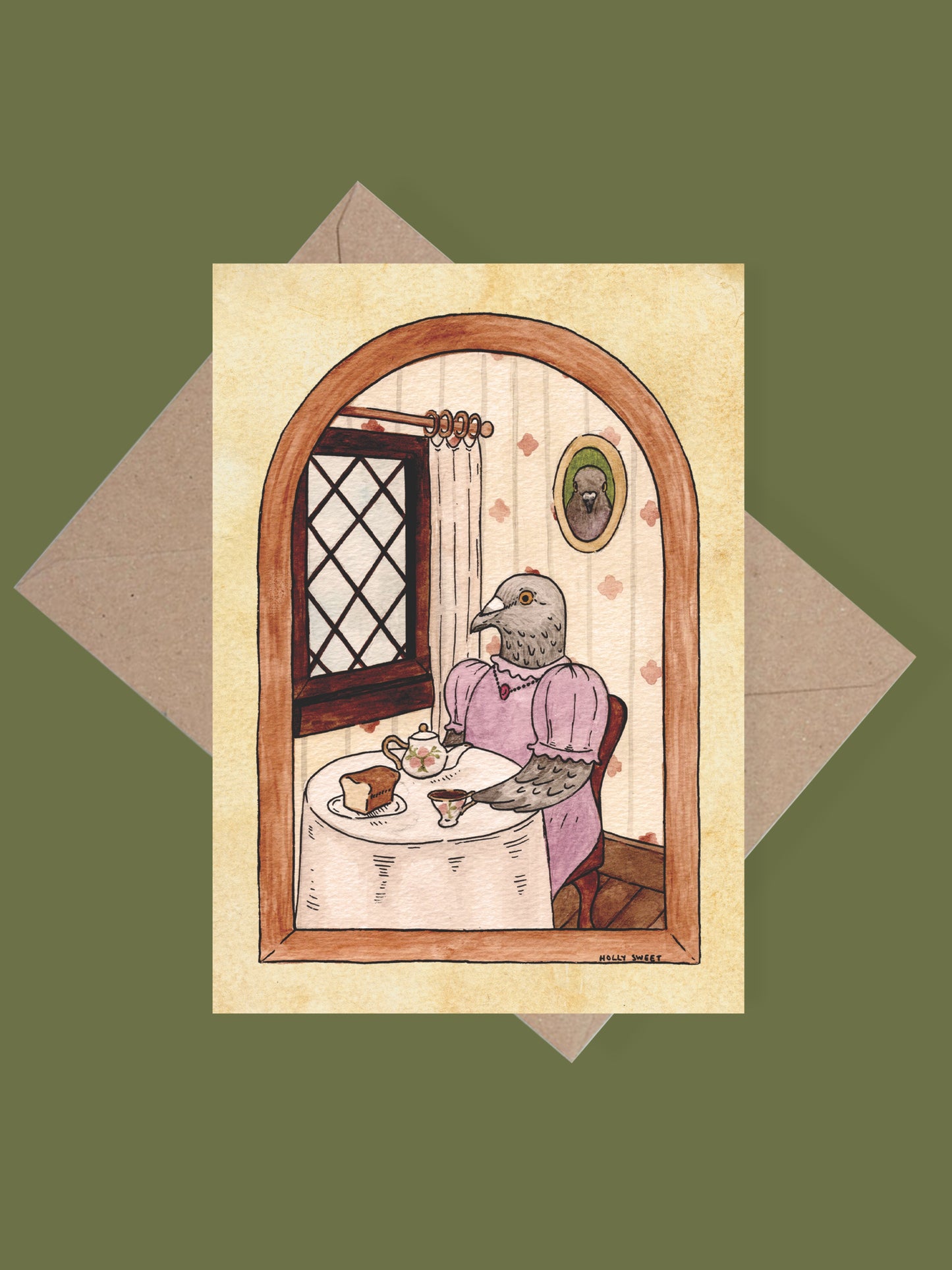 Pigeon tea party greetings card