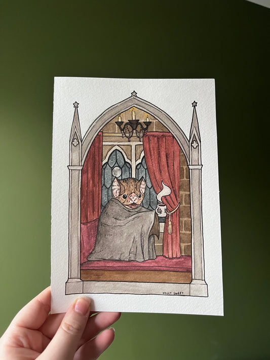 Bat in a gothic window original watercolour painting