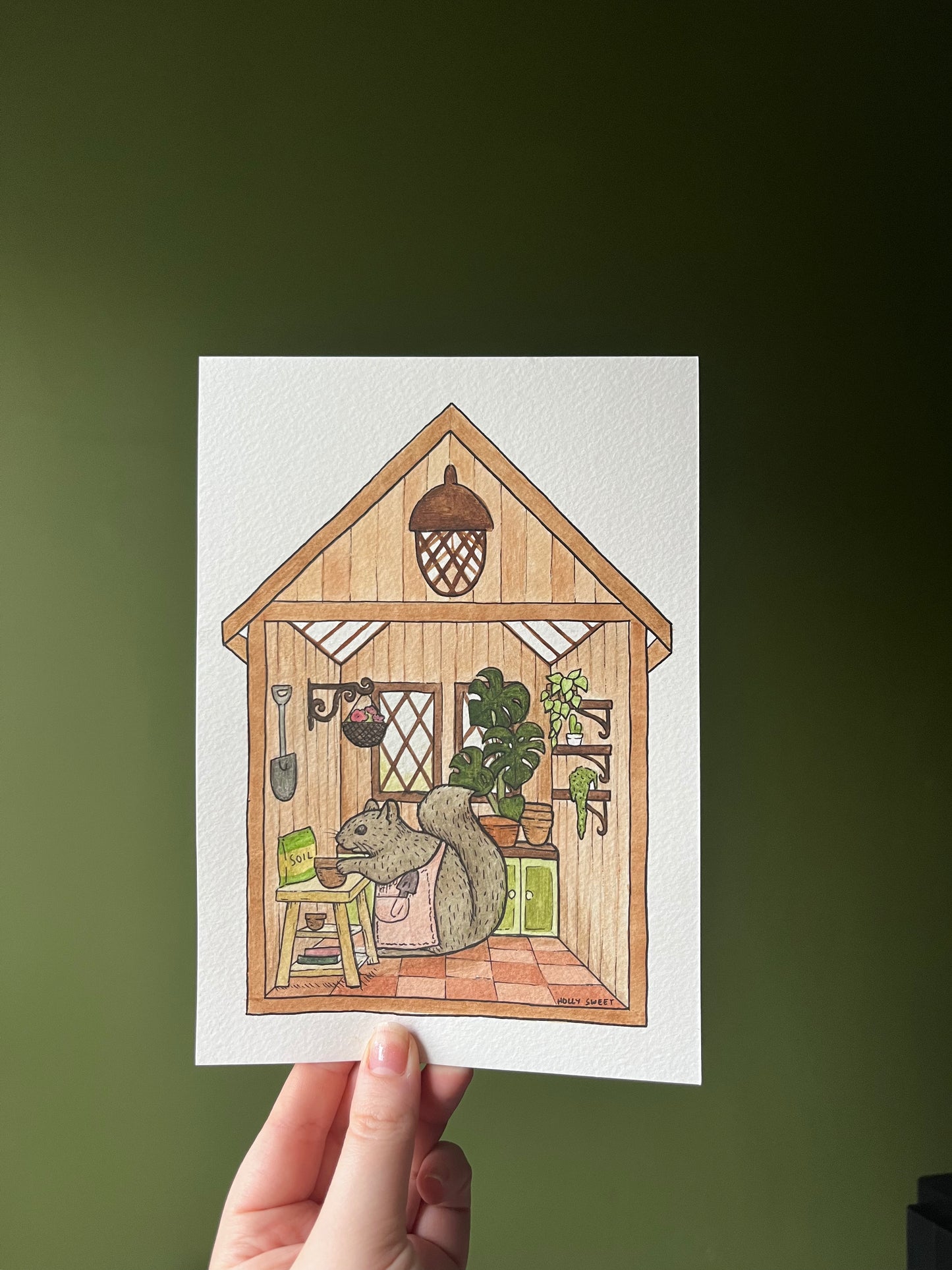 Squirrel in a potting shed original watercolour painting