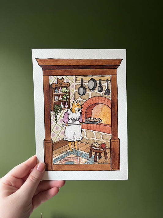 Fox baking bread original watercolour painting